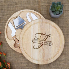 Load image into Gallery viewer, Elegant Monogram Banner with Family Name Circular Cheese Board