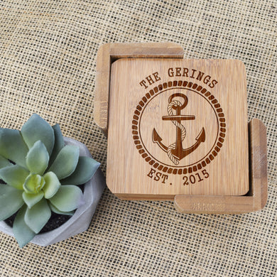Last Name with Anchor and Rope Bamboo Coaster Set