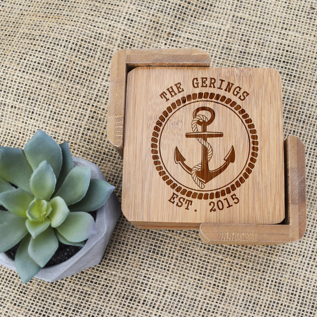 Last Name with Anchor and Rope Bamboo Coaster Set