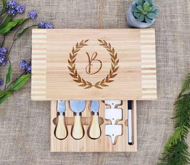 Laurel Wreath Initial Cheese Board with Tools