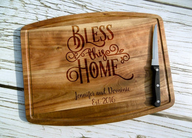 Bless this Home Acacia Cutting Board with Juice Grooves