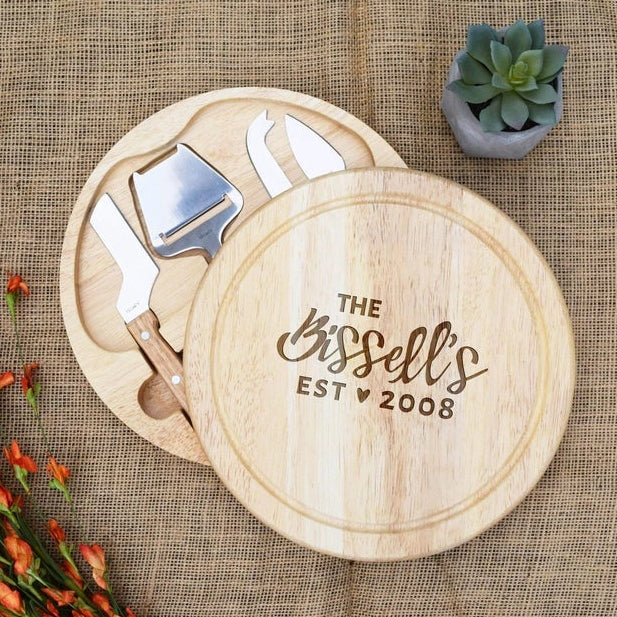 Cursive Family Name with Est. Date and Heart Circular Cheese Board