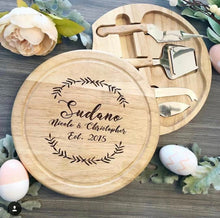 Load image into Gallery viewer, Cursive and Last Name Wreath with Est. Date Circular Cheese Board