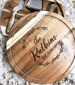 Cursive and Last Name Wreath with Est. Date Circular Cheese Board