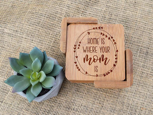 Home is Where Mom Is Wreath Bamboo Coaster Set