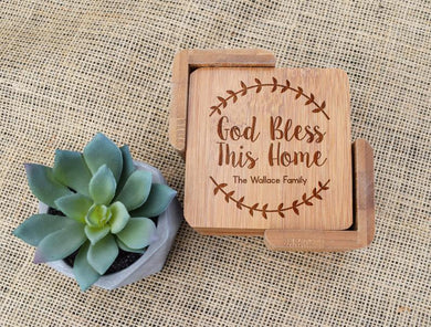 God Bless This Home Bamboo Coaster Set