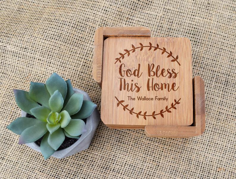 Bless This Home Bamboo Coaster Set