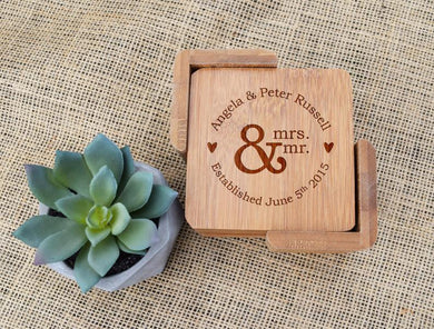 Mr And Mrs Wedding Date Bamboo Coaster Set