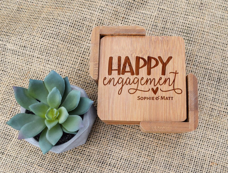 Happy Engagement Bamboo Coaster Set