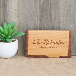 Wood Business Card Holder with Script Letter Name