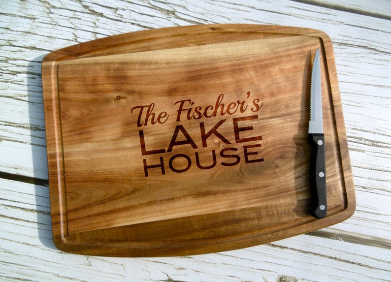 Lake House Personalized Acacia Cutting Board with Juice Grooves