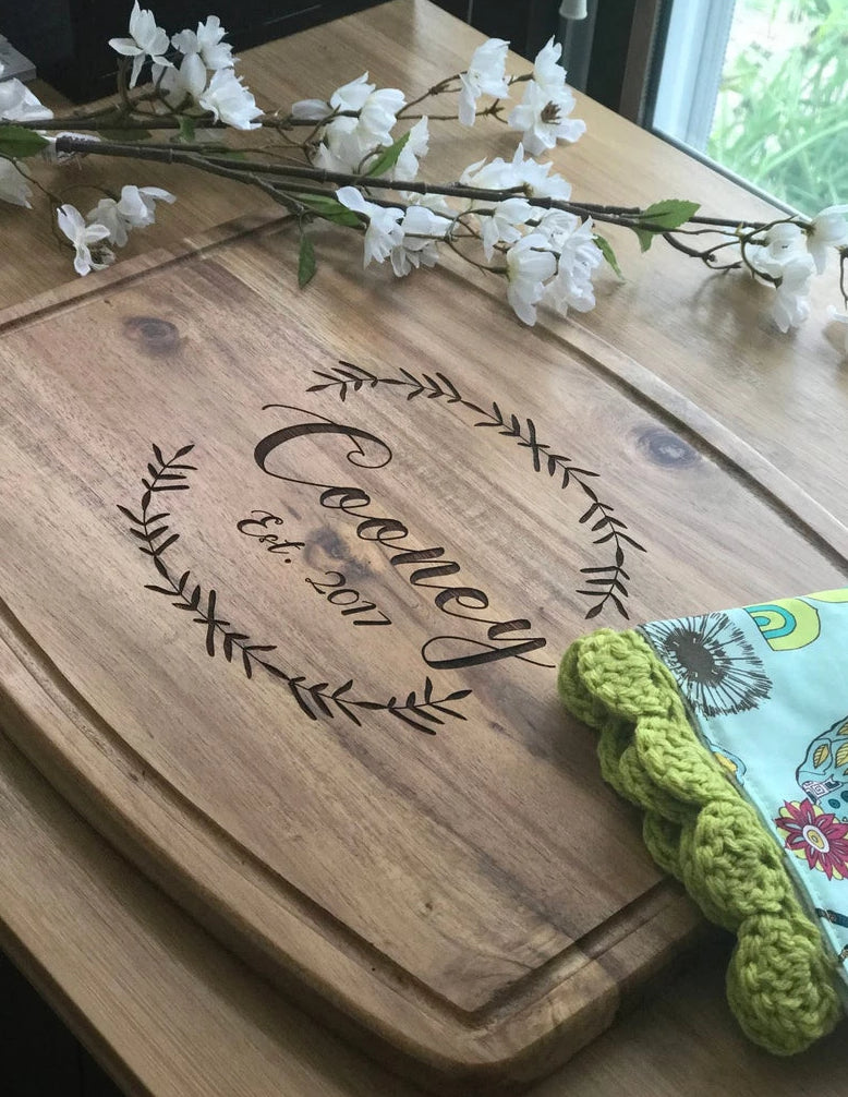 Last Name and Est. Date with Wreath  Acacia Cutting Board with Juice Grooves