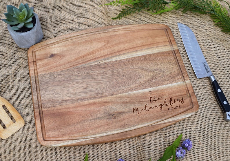 Last Name with Est. Date Acacia Cutting Board with Juice Grooves