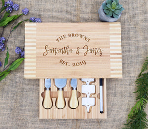 Family Established Date With Names Script Cheese Board with Tools