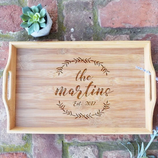 Personalized with Last Name and Wreath and Est. Date Bamboo Serving Tray