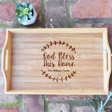 God Bless This Home with Wreath Date Bamboo Serving Tray