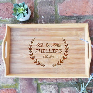 Mr. and Mrs. with Wreath and Est. Date Bamboo Serving Tray