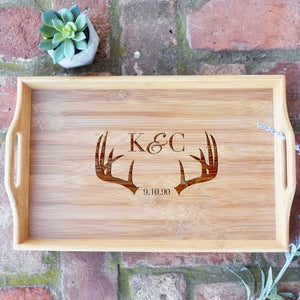 Monogrammed with Antlers and Date Bamboo Serving Tray