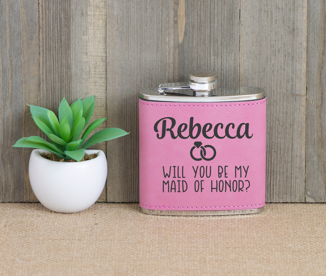 Will You Be My Maid Of Honor with Rings and Name Flask